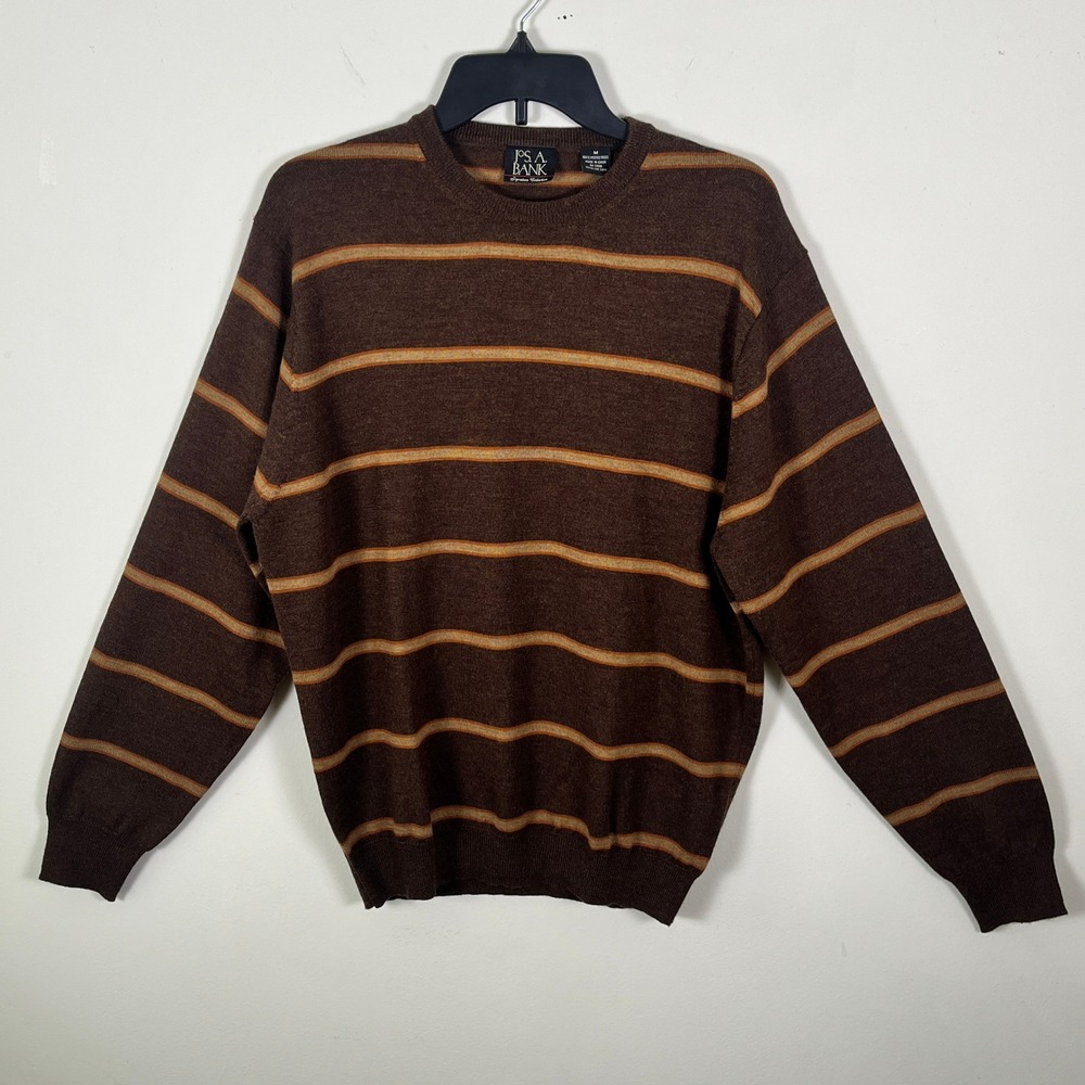 Jos A Bank Signature Collection Brown Striped 100% Merino Wool Sweater Mens M